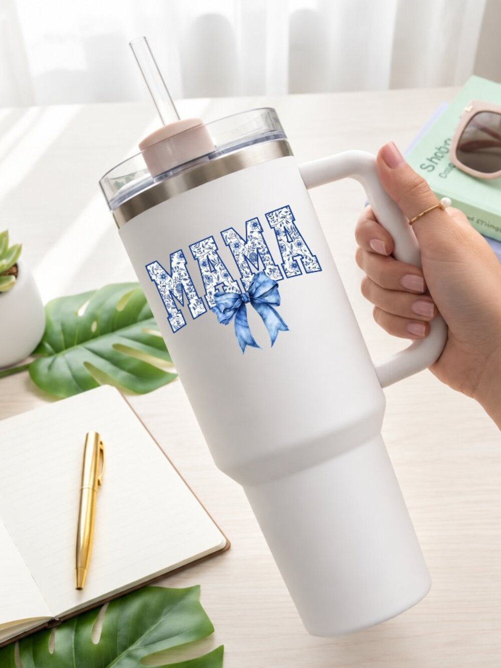 MAMA Tumbler in Floral Blue and Bow Accent, Large Travel Mug